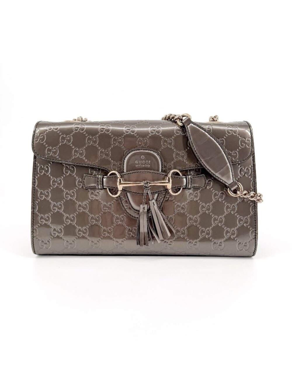 Gucci Emily Medium Chain Guccissima Shoulder Bag Gray Shine GG Patent Leather